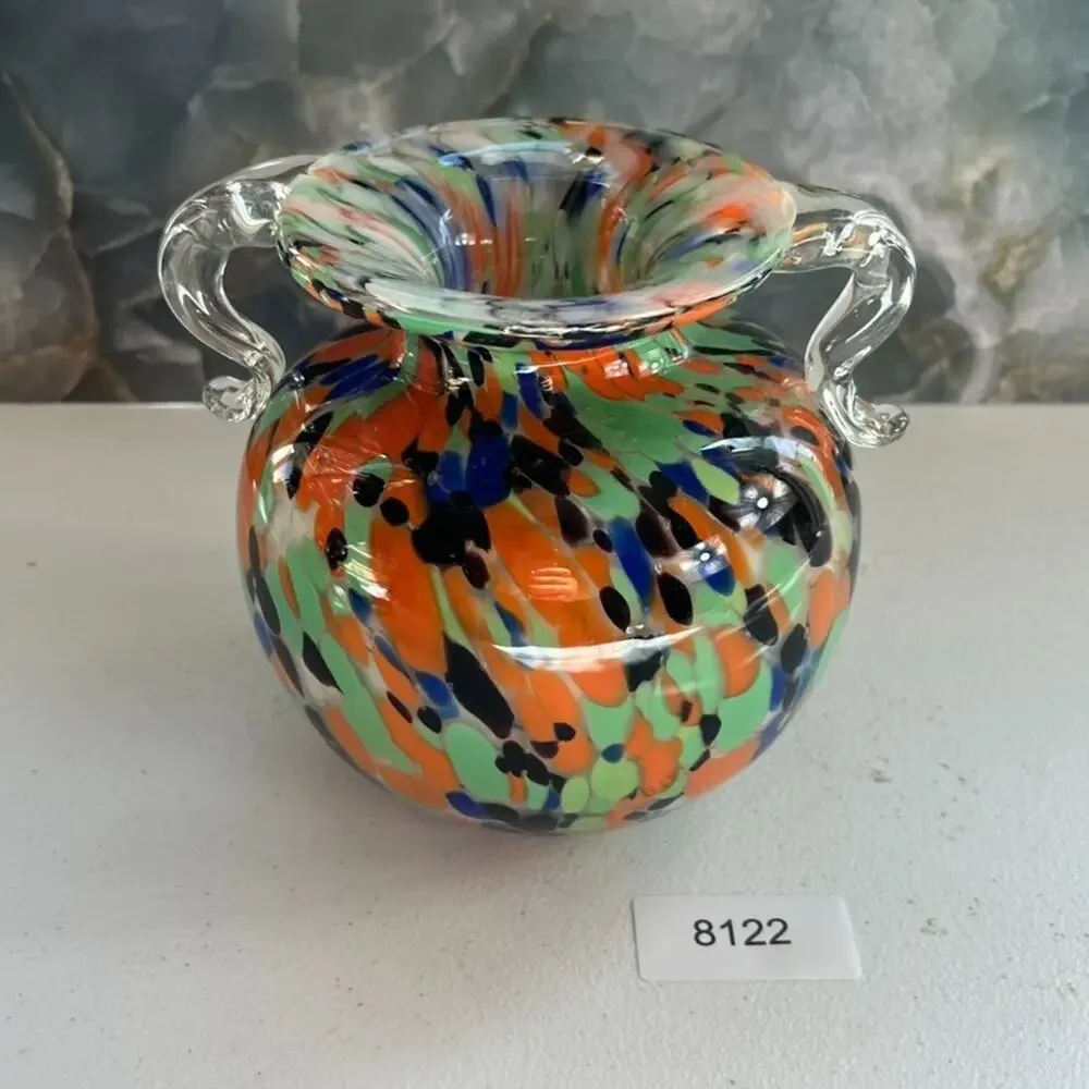 Vintage Hand Blown Art Glass Comfety Spotted Heavy Vase 2 Handles